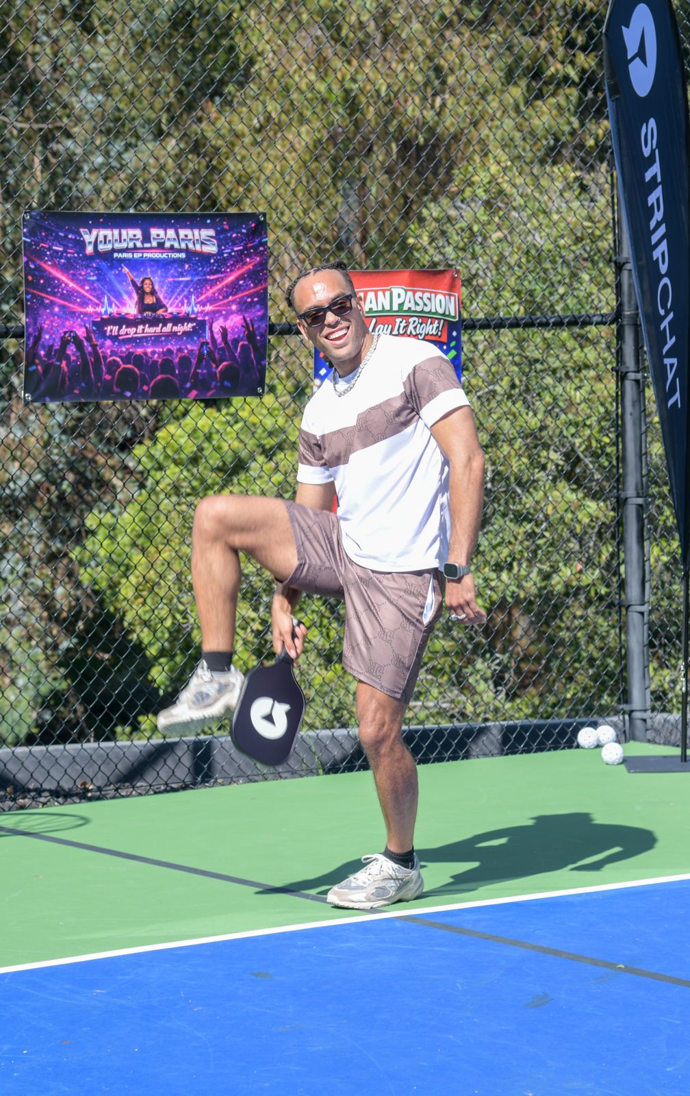 The SC House pickleball tournament in racquet-club uniforms on the private Hollywood Hills court