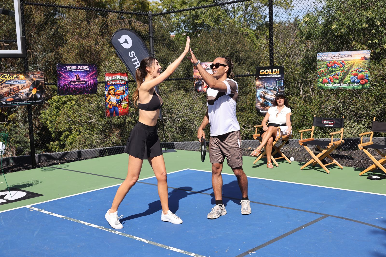The SC House pickleball tournament in racquet-club uniforms on the private Hollywood Hills court