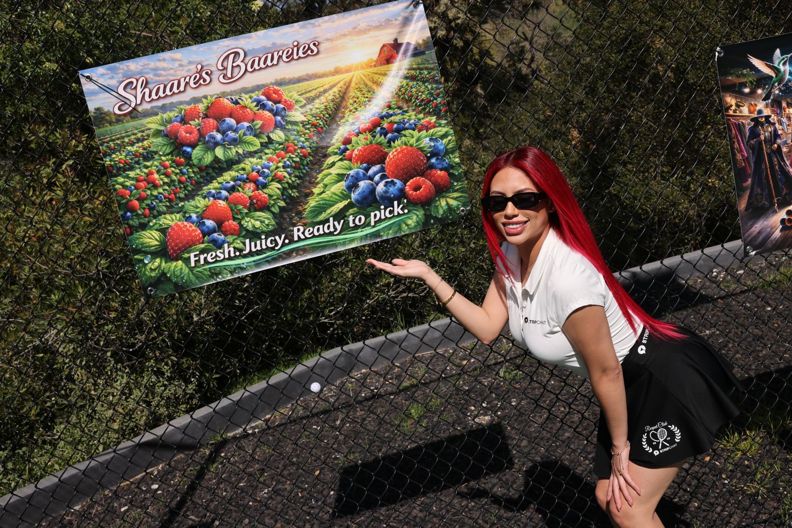 A cast member with her parody produce-stand sponsor banner at the SC House tournament