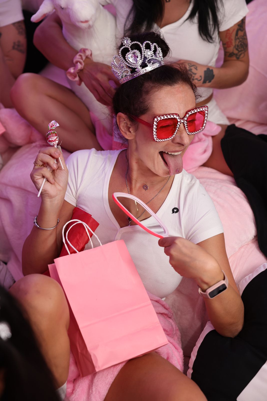 The Barbie-themed slumber party in the pink room at the SC House, tiaras and gift bags included